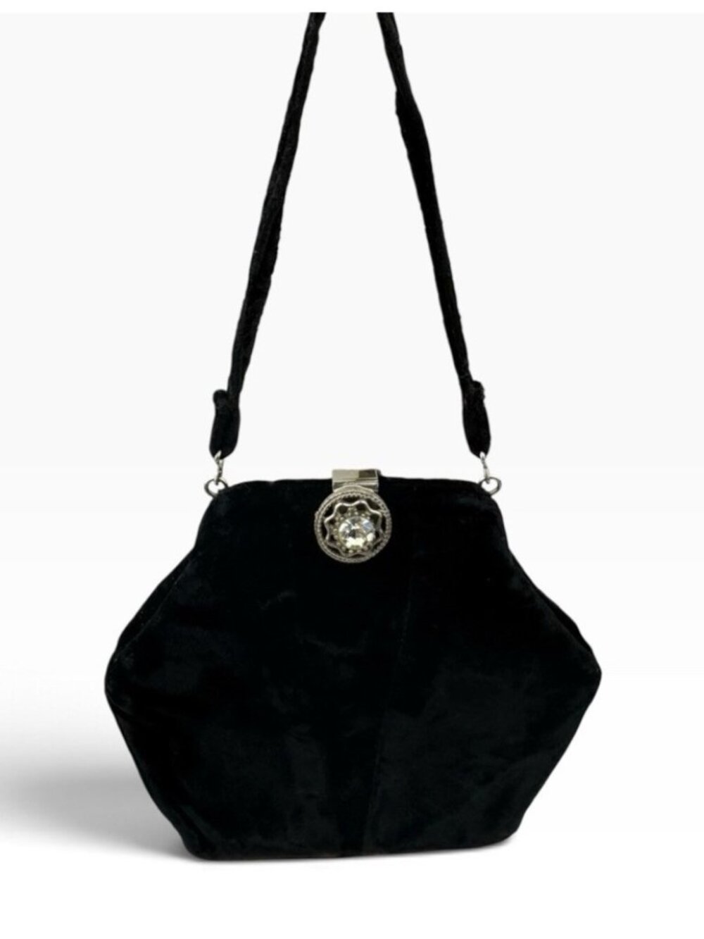 -Vintage Black Velvet Evening Bag Purse Art Deco Mid Century Rhinestone Clasp
